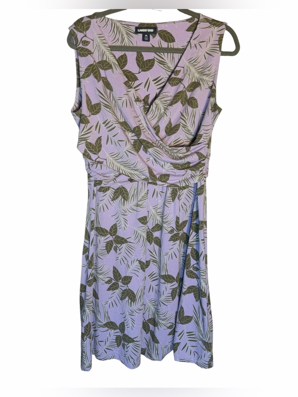Lands' End Lavender Sleeveless Faux-Wrap Dress with Olive Leaf Print